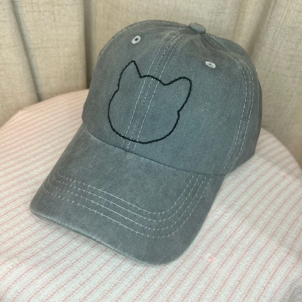 Hand Embroidered Gray Black Cat Hat
